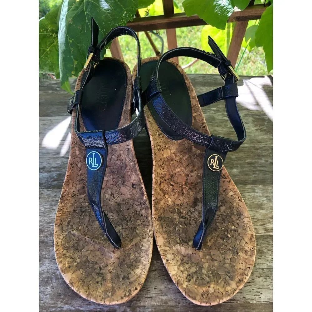 Ralph Lauren Womens Reeta T-Strap Sandals Cork Leather Size 6.5